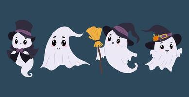 Collection of cute ghosts isolated on coloured background. Ghosts in different Halloween costumes. Flat illustration in hand drawn style. vector