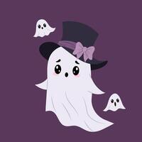 A bashful ghost in a gentleman hat. Festive character on coloured background. Halloween. Illustration in hand drawn style. vector