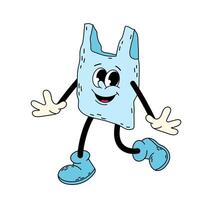 Groovy character of a plastic bag. No plastic. Environmentally harmful material. Trash. Cartoon character on white background. vector