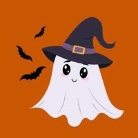 A cute ghost. Halloween character. A ghost in a witch hat with bats. Baby flat illustration in hand drawn style isolated on background. vector