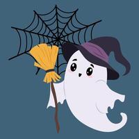 Cute ghost with a broom with a witch hat on a coloured background. The ghost is busy cleaning. Spider web. Halloween character. vector