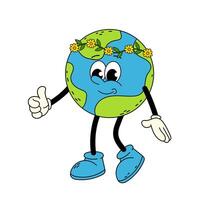 Groovy character of a earth planet. Smiling earth in flower wreath. Earth Day. Retro cartoon character on white background. vector