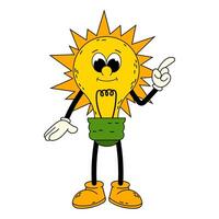 Groovy character of electric light bulb. Electricity, technology, an idea. Cartoon character on white background. vector