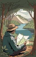 A man is reading a map in a forest vector