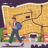 A man with a backpack walks down a street with a map of the city on the background vector