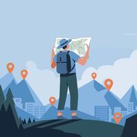 A man walks through a forest with a backpack and a map art vector