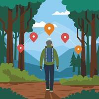 A man walks through a forest with a backpack and a map in the background vector