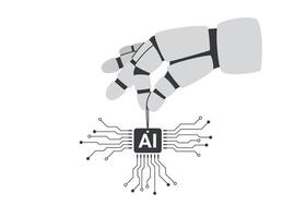 Artificial intelligence chip processor. Robots hand holding chip processor isolated on white. AI concept. vector