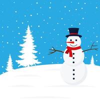 A snowman in a hat and scarf standing in the snow vector