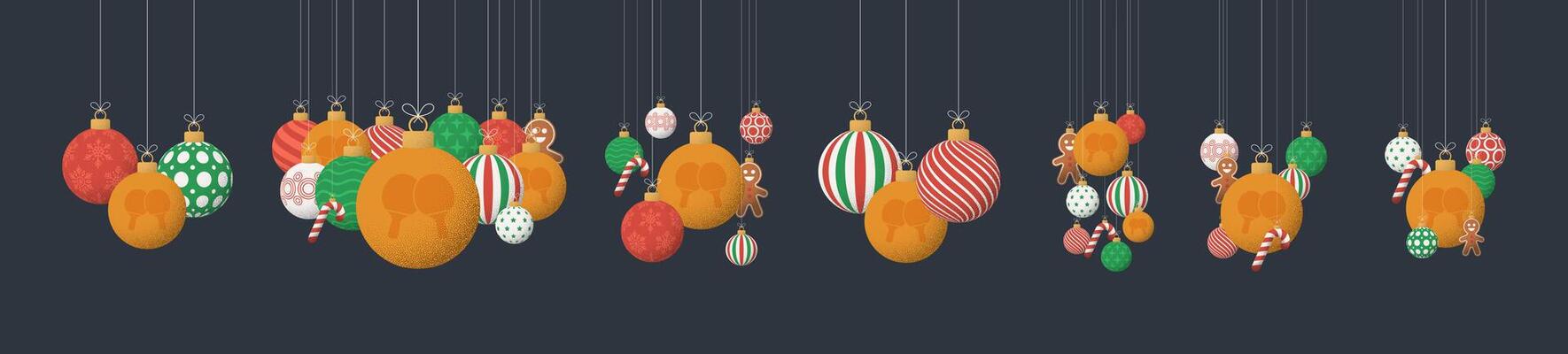 ping pong Christmas Greeting grainy ball set. Group of Merry Christmas and happy new year sport retro Hang on a thread xmas ball bauble with grainy noise