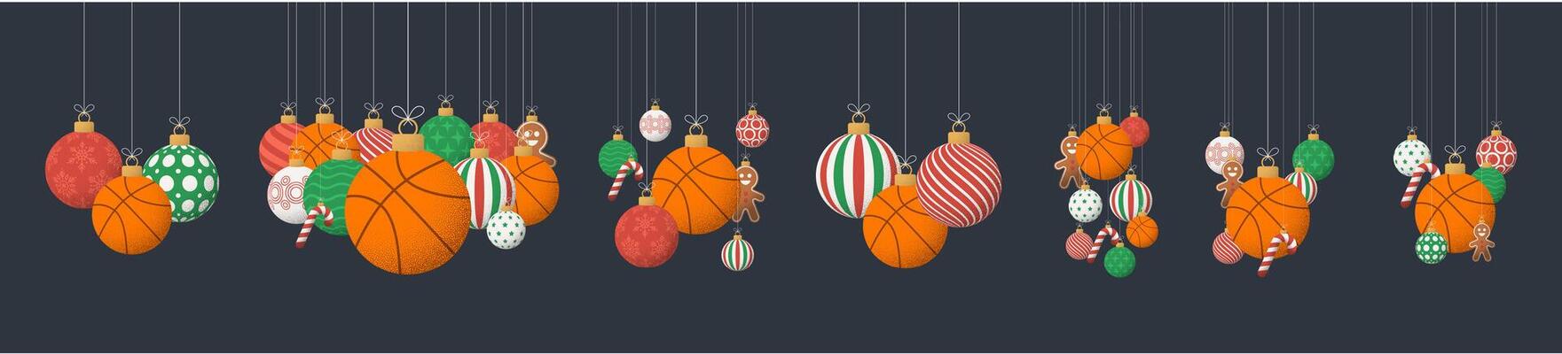 basketball Christmas Greeting grainy ball set. Group of Merry Christmas and happy new year sport retro Hang on a thread xmas ball bauble with grainy noise