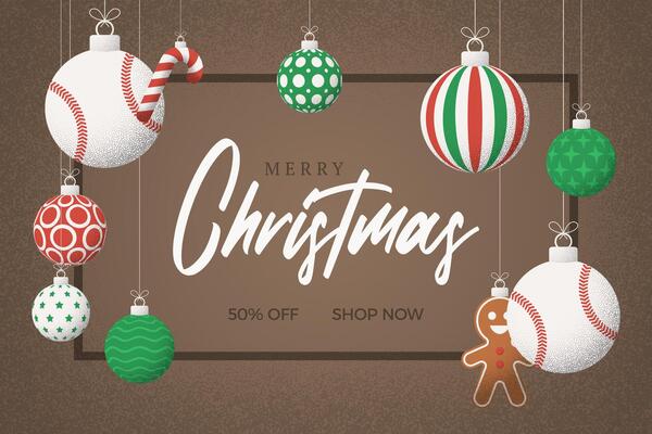 baseball Christmas Greeting grainy card. Merry Christmas and happy new year sport retro greeting card. Hang on a thread xmas ball bauble on noise brown stipple background.