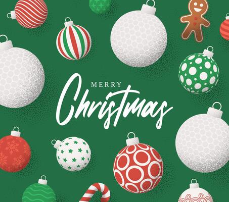 golf Christmas Greeting grainy card. Merry Christmas and happy new year sport retro greeting card. Hang on a thread xmas ball bauble on noise green stipple background.