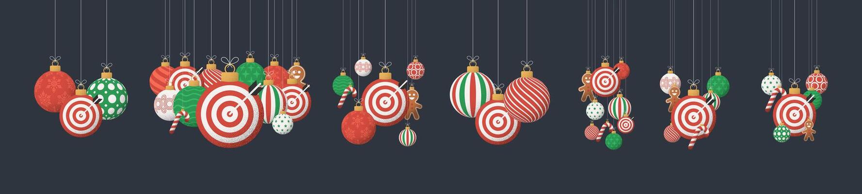 target Christmas Greeting grainy ball set. Group of Merry Christmas and happy new year sport retro Hang on a thread xmas ball bauble with grainy noise