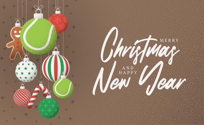 tennis Christmas Greeting grainy card. Merry Christmas and happy new year sport retro greeting card. Hang on a thread xmas ball bauble on noise brown stipple background.