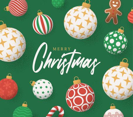 Christmas Greeting grainy card. Merry Christmas and happy new year retro greeting card. Hang on a thread xmas ball bauble on noise green stipple background
