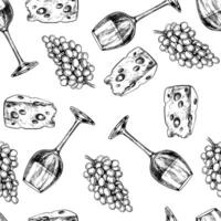 Seamless pattern with wine. A wine glass with cheese and grapes. A graphic illustration drawn by hand. On a white background. For packaging and label design. For banners and posters, textiles. vector