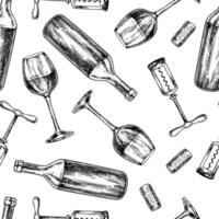 Seamless pattern with wine. A wine glass, a bottle, a corkscrew and a cork. Black and white, graphic, illustration, hand-drawn. On a white background. For packaging and label, textiles and more vector