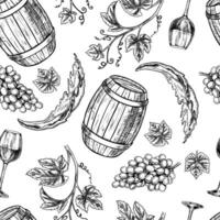 Seamless pattern with the image of wine. A wine barrel, grapes and a vine. A graphic illustration drawn by hand. On a white background. For packaging and label, banners, textiles and more vector