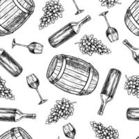 Seamless pattern with the image of wine. A wine barrel, a bottle, a wine glass and grapes. A graphic illustration drawn by hand. On a white background. For packaging, label, textiles and more. vector