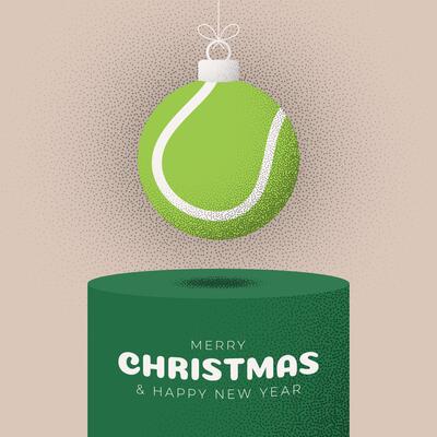 tennis Christmas Greeting grainy card. Podium Merry Christmas and happy new year sport retro greeting card. Hang on a thread xmas ball bauble on noise stipple background.