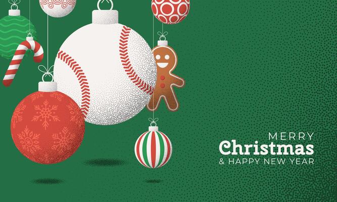 baseball Christmas Greeting grainy card. Merry Christmas and happy new year sport retro greeting card. Hang on a thread xmas ball bauble on noise green stipple background.