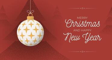 Christmas Greeting grainy card. Merry Christmas and happy new year retro greeting card. Hang on a thread xmas ball bauble on noise red stipple background vector