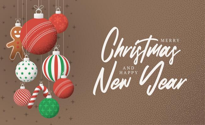 cricket Christmas Greeting grainy card. Merry Christmas and happy new year sport retro greeting card. Hang on a thread xmas ball bauble on noise brown stipple background.