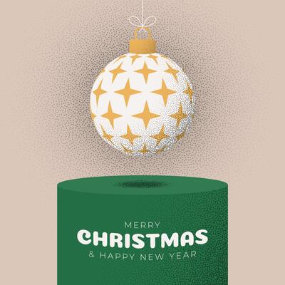Christmas Greeting grainy card. Podium Merry Christmas and happy new year retro greeting card. Hang on a thread xmas ball bauble on noise stipple background