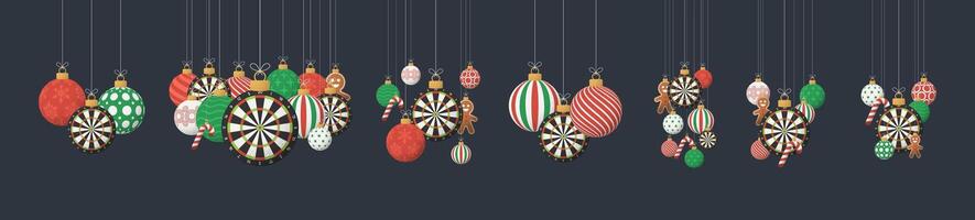 dart Christmas Greeting grainy ball set. Group of Merry Christmas and happy new year sport retro Hang on a thread xmas ball bauble with grainy noise vector