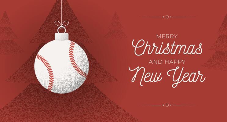 baseball Christmas Greeting grainy card. Merry Christmas and happy new year sport retro greeting card. Hang on a thread xmas ball bauble on noise red stipple background.