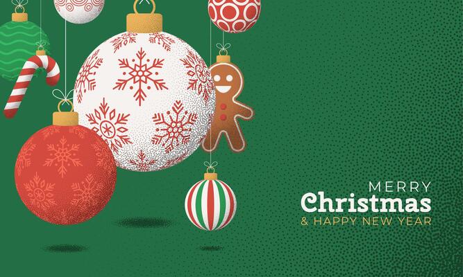 Christmas Greeting grainy card. Merry Christmas and happy new year retro greeting card. Hang on a thread xmas ball bauble on noise green stipple background