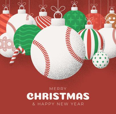 baseball Christmas Greeting grainy card. Merry Christmas and happy new year sport retro greeting card. Hang on a thread xmas ball bauble on noise red stipple background.