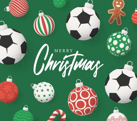 soccer Christmas Greeting grainy card. Merry Christmas and happy new year sport retro greeting card. Hang on a thread xmas ball bauble on noise green stipple background.