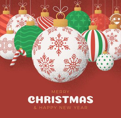 Christmas Greeting grainy card. Merry Christmas and happy new year retro greeting card. Hang on a thread xmas ball bauble on noise red stipple background