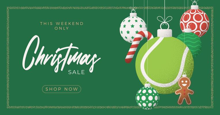 tennis Christmas Greeting grainy card. Merry Christmas and happy new year sport retro greeting card. Hang on a thread xmas ball bauble on noise green stipple background.