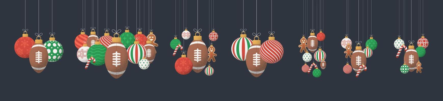 rugby Christmas Greeting grainy ball set. Group of Merry Christmas and happy new year sport retro Hang on a thread xmas ball bauble with grainy noise