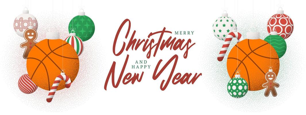basketball Christmas Greeting grainy card. Merry Christmas and happy new year sport retro greeting card. Hang on a thread xmas ball bauble on noise white stipple background.