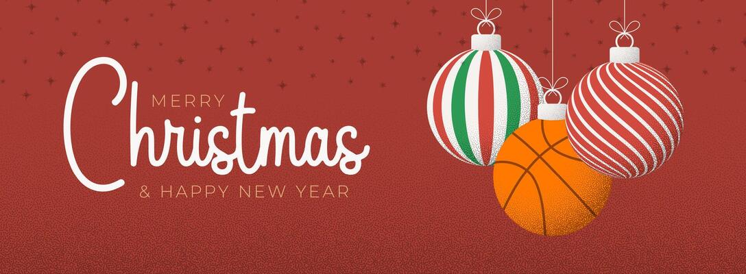 basketball Christmas Greeting grainy card. Merry Christmas and happy new year sport retro greeting card. Hang on a thread xmas ball bauble on noise red stipple background.
