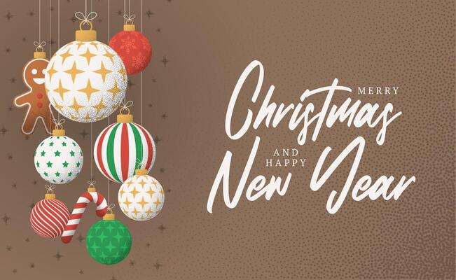 Christmas Greeting grainy card. Merry Christmas and happy new year retro greeting card. Hang on a thread xmas ball bauble on noise brown stipple background