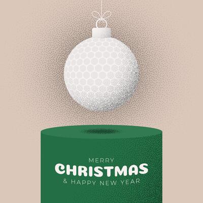 golf Christmas Greeting grainy card. Podium Merry Christmas and happy new year sport retro greeting card. Hang on a thread xmas ball bauble on noise stipple background.