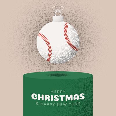 baseball Christmas Greeting grainy card. Podium Merry Christmas and happy new year sport retro greeting card. Hang on a thread xmas ball bauble on noise stipple background.