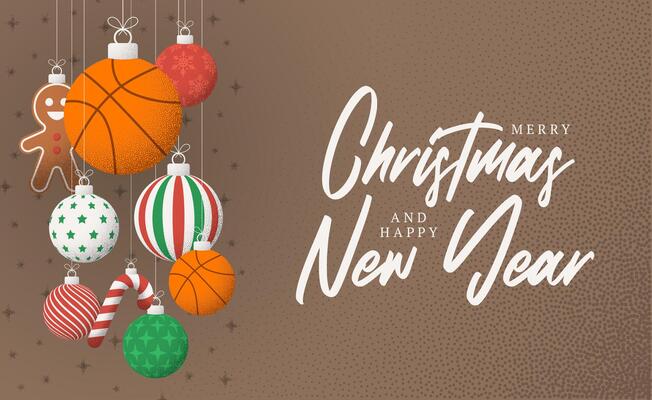 basketball Christmas Greeting grainy card. Merry Christmas and happy new year sport retro greeting card. Hang on a thread xmas ball bauble on noise brown stipple background.