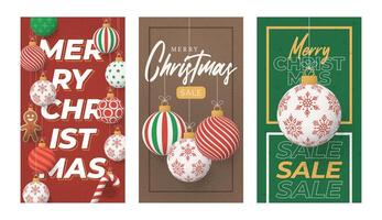 Christmas Greeting grainy card set. Vertical Merry Christmas and happy new year retro greeting card. Hang on a thread xmas ball bauble on noise stipple background vector