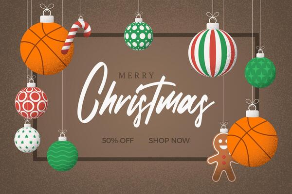 basketball Christmas Greeting grainy card. Merry Christmas and happy new year sport retro greeting card. Hang on a thread xmas ball bauble on noise brown stipple background.