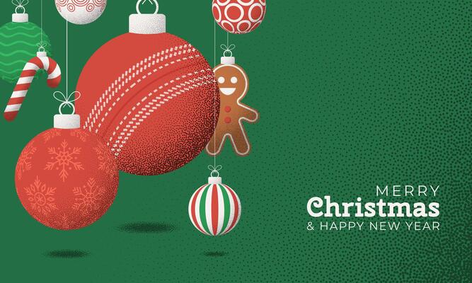 cricket Christmas Greeting grainy card. Merry Christmas and happy new year sport retro greeting card. Hang on a thread xmas ball bauble on noise green stipple background.