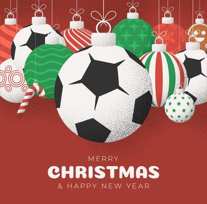 soccer Christmas Greeting grainy card. Merry Christmas and happy new year sport retro greeting card. Hang on a thread xmas ball bauble on noise red stipple background.