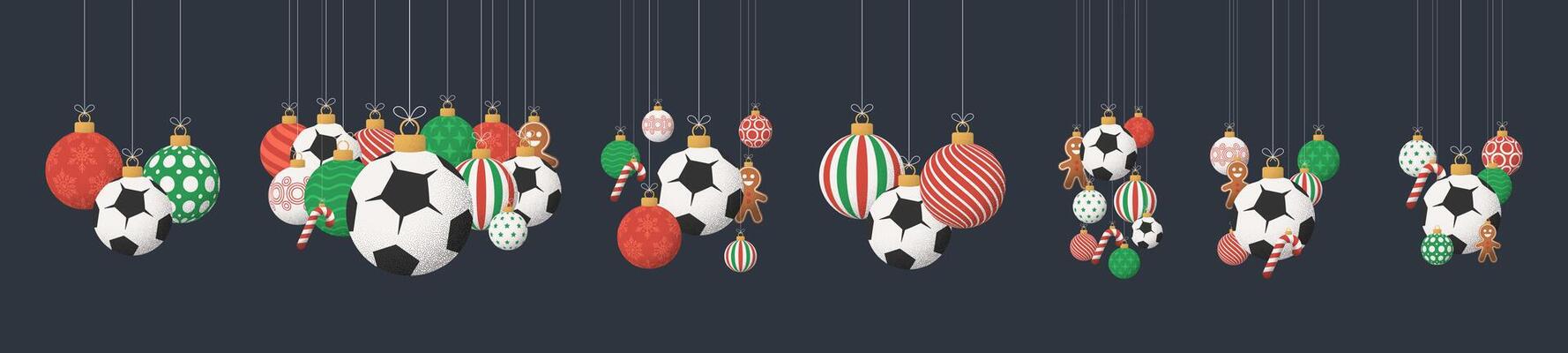 soccer Christmas Greeting grainy ball set. Group of Merry Christmas and happy new year sport retro Hang on a thread xmas ball bauble with grainy noise