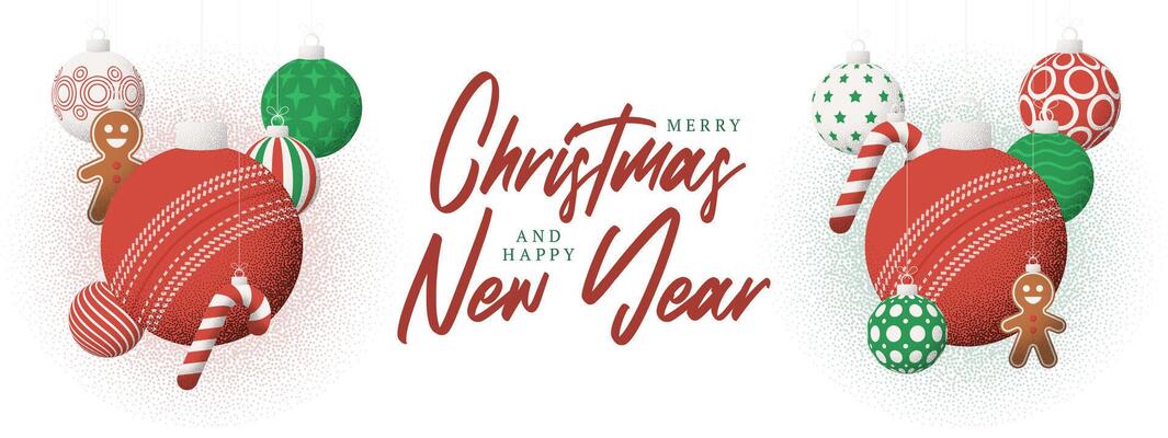 cricket Christmas Greeting grainy card. Merry Christmas and happy new year sport retro greeting card. Hang on a thread xmas ball bauble on noise white stipple background.