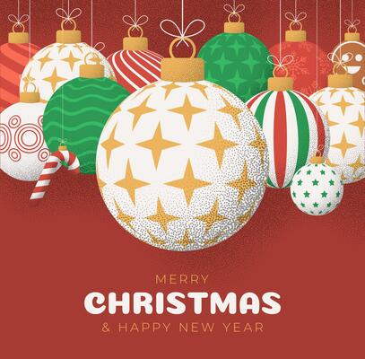 Christmas Greeting grainy card. Merry Christmas and happy new year retro greeting card. Hang on a thread xmas ball bauble on noise red stipple background